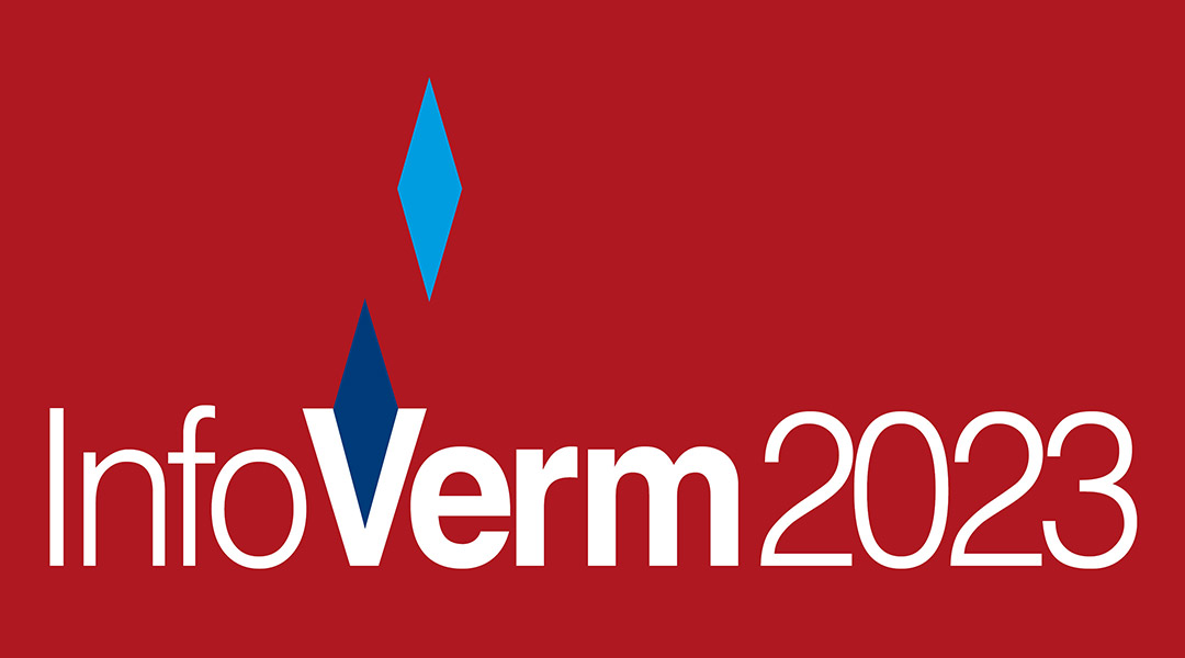 Auf rotem Grund steht der Schriftzug InfoVerm 2023. Über dem V stehen versetzt zwei blaue Rauten.